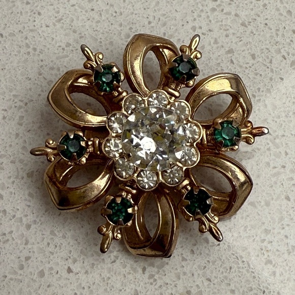 Vintage Brooch Gold Tone Rhinestones Sunburst Starburst MCM Mid-Century Modern - Picture 2 of 8